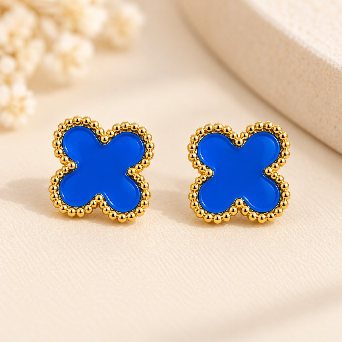 Royal Blue Clover Gold-Tone Stud Earrings