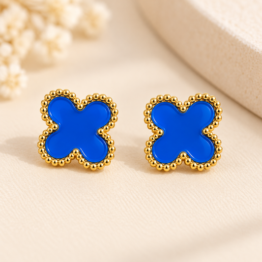 Royal Blue Clover Gold-Tone Stud Earrings