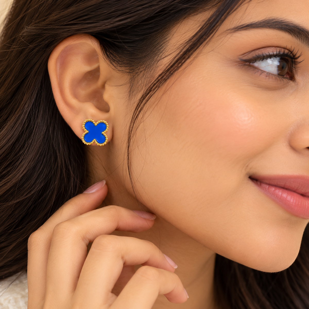 Royal Blue Clover Gold-Tone Stud Earrings