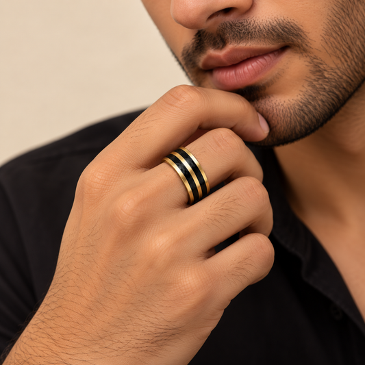 Men - Black Dual Stripe Gold Band Ring