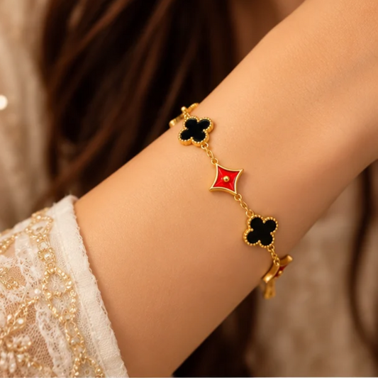 18K Gold Plated Black Clover & Red Floral Charm Bracelet