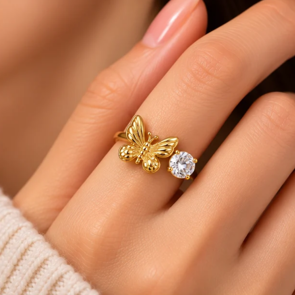 18K Gold Plated Butterfly & Solitaire Stone Adjustable Ring