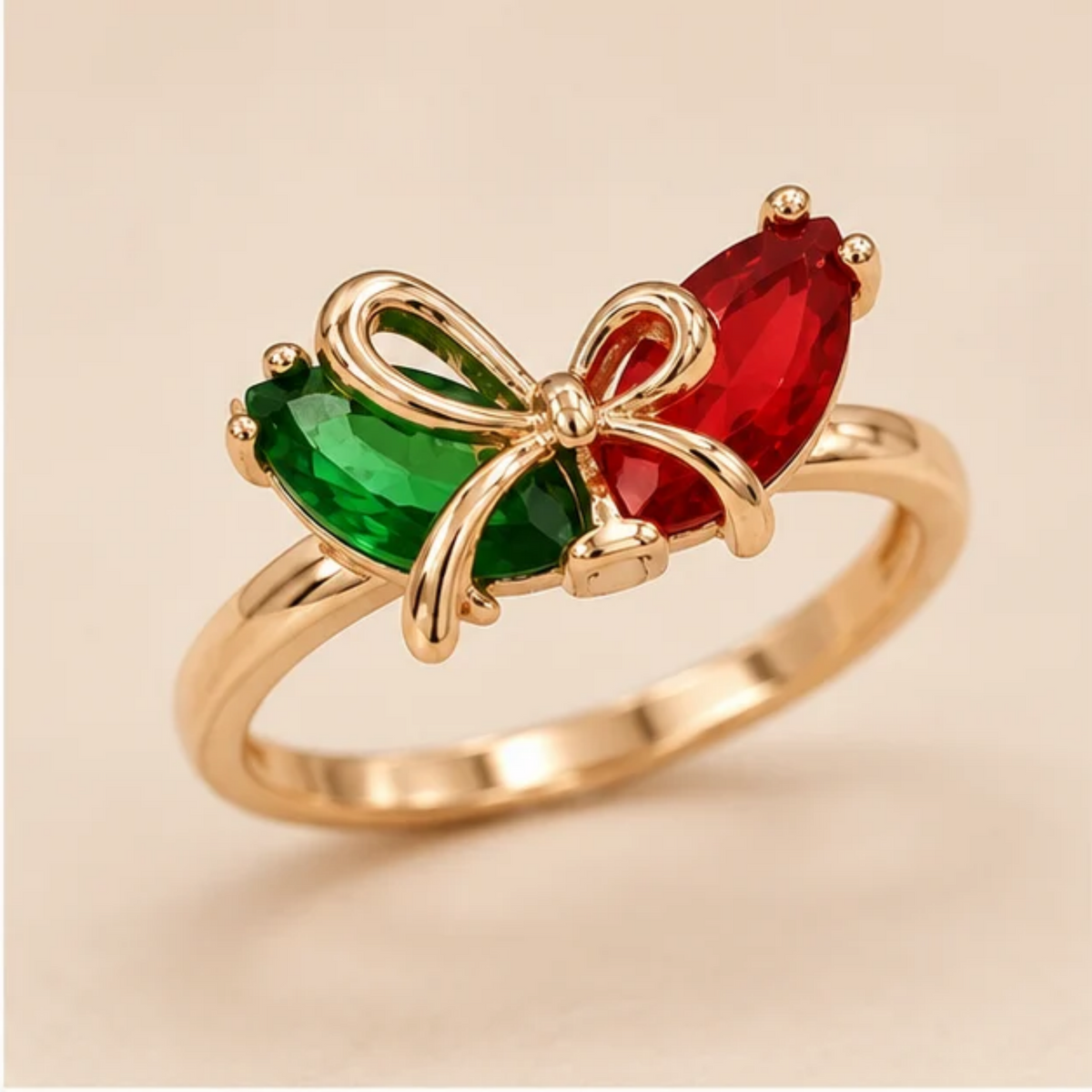 Rose Gold Plated Red & Green Stone Bow Ring