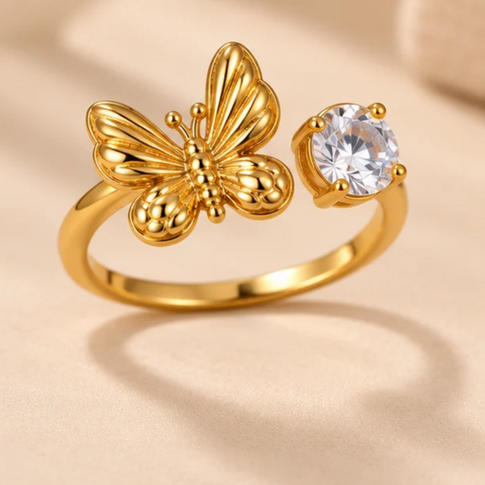 18K Gold Plated Butterfly & Solitaire Stone Adjustable Ring