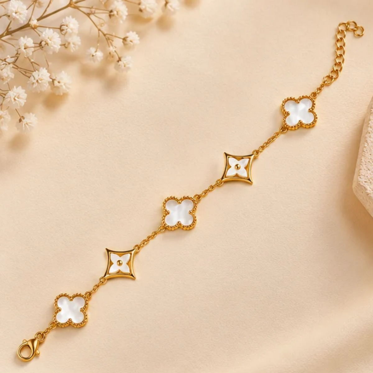 18K Gold Plated Mother of Pearl Clover Charm Bracelet
