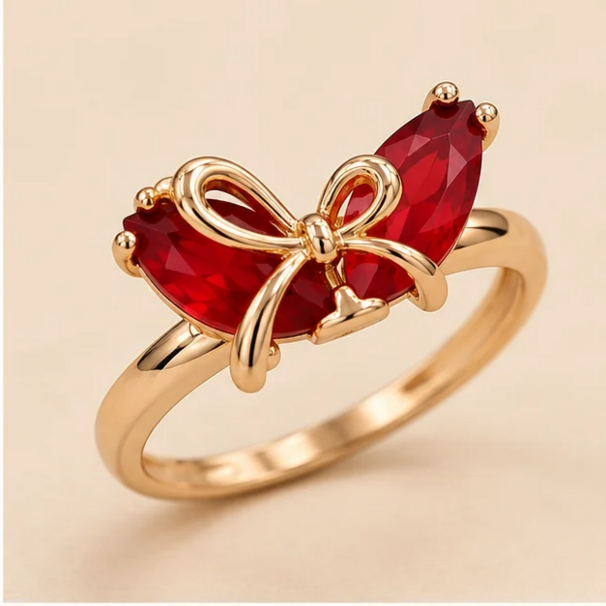 Red Crystal Butterfly Bow Gold-Toned Ring