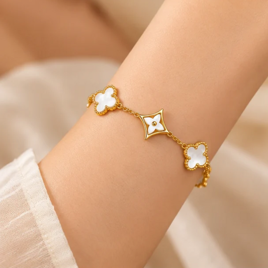 18K Gold Plated Mother of Pearl Clover Charm Bracelet