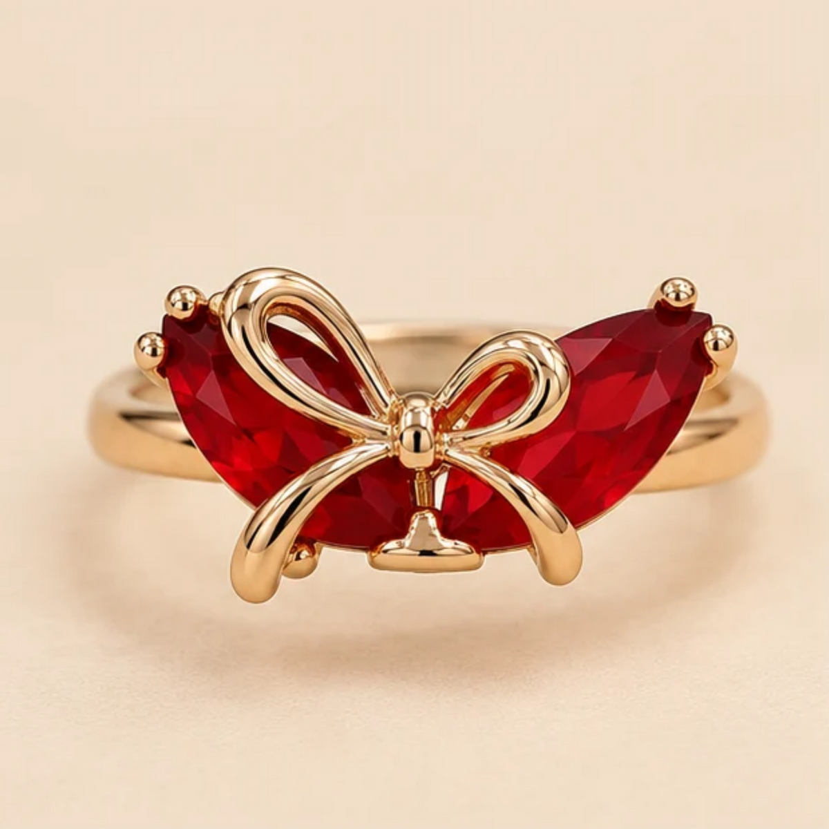 Red Crystal Butterfly Bow Gold-Toned Ring