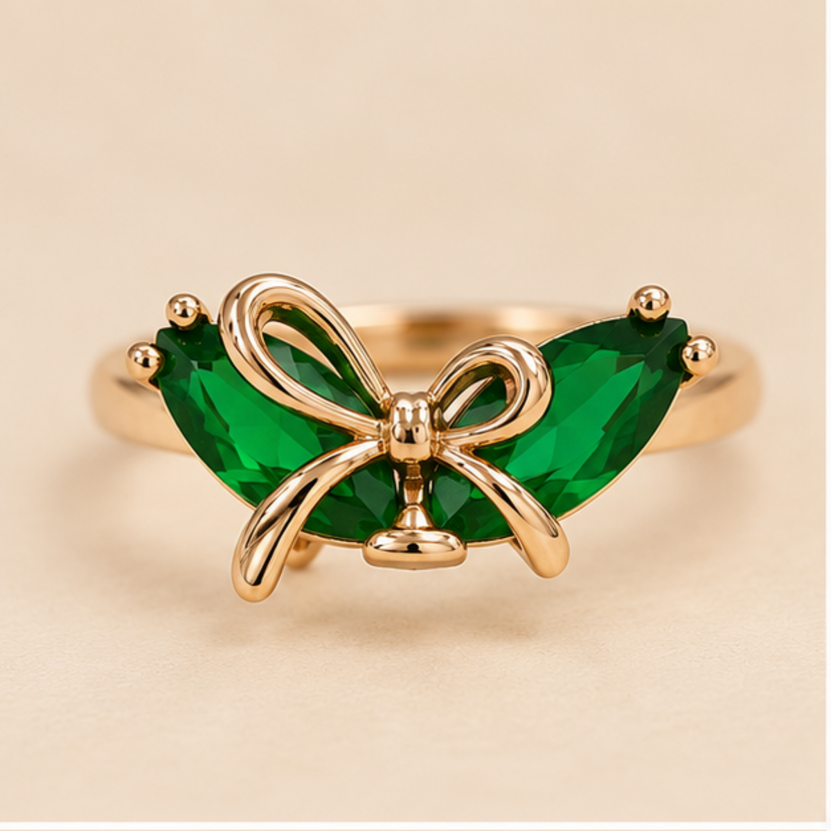Emerald Green Crystal Butterfly Bow Gold-Toned Ring