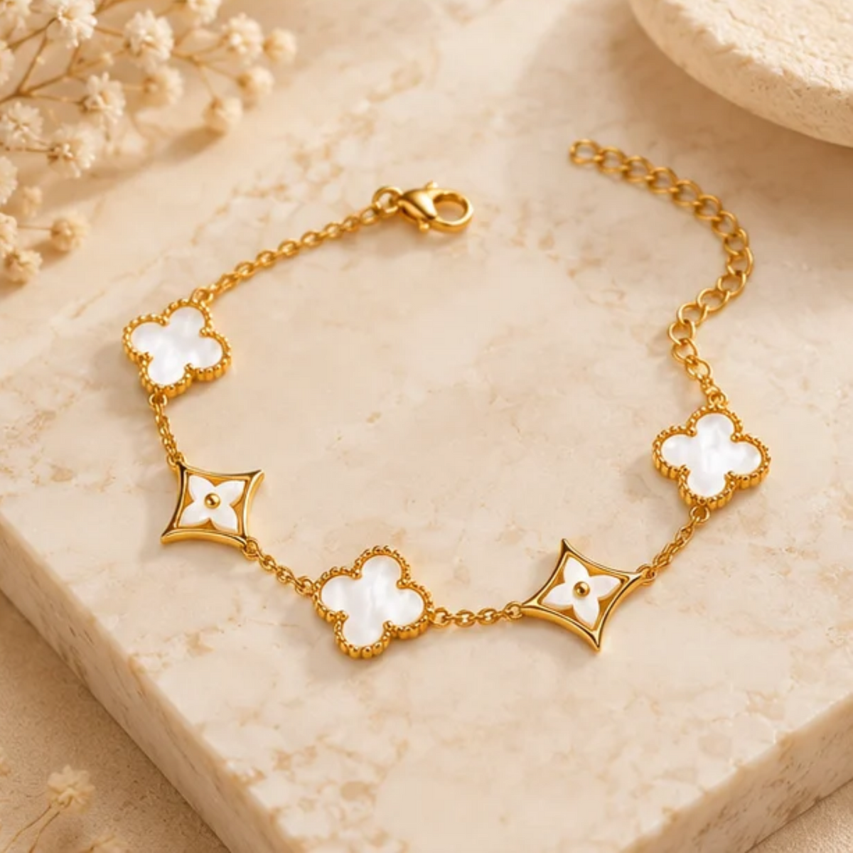 18K Gold Plated Mother of Pearl Clover Charm Bracelet