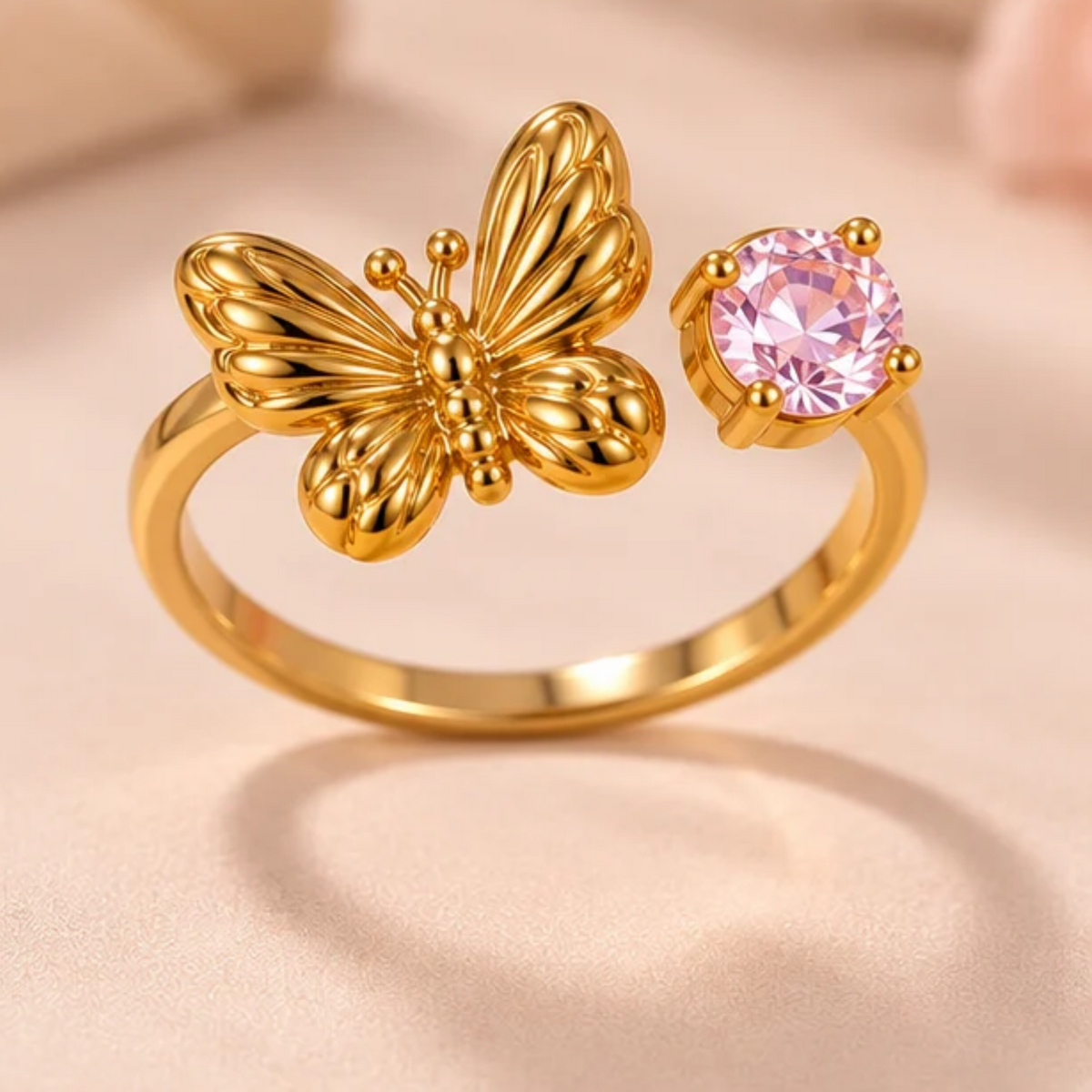 18K Gold Plated Butterfly & Solitaire Stone Adjustable Ring
