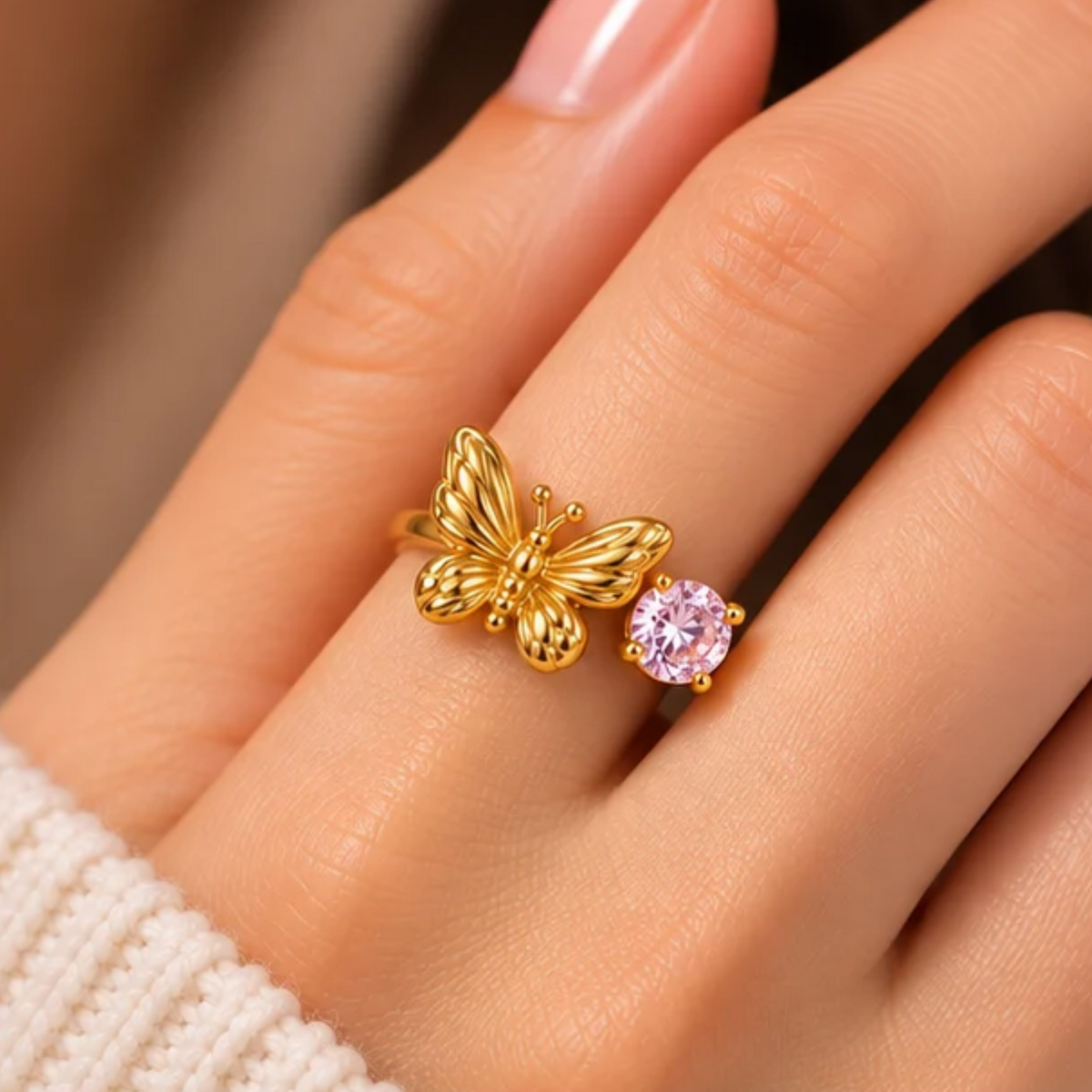 18K Gold Plated Butterfly & Solitaire Stone Adjustable Ring