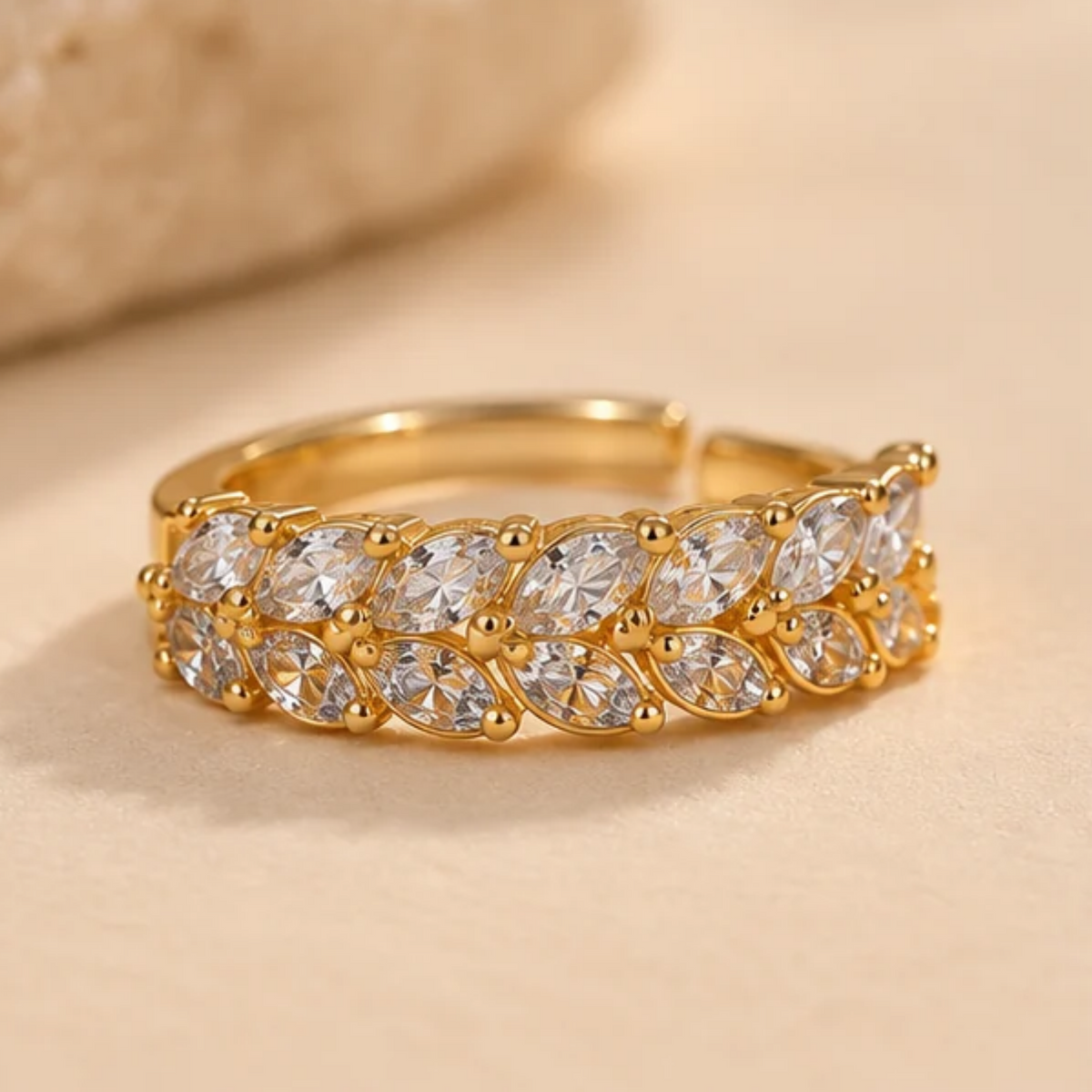 18K Gold Plated Double Row Marquise Sparkle Adjustable Ring