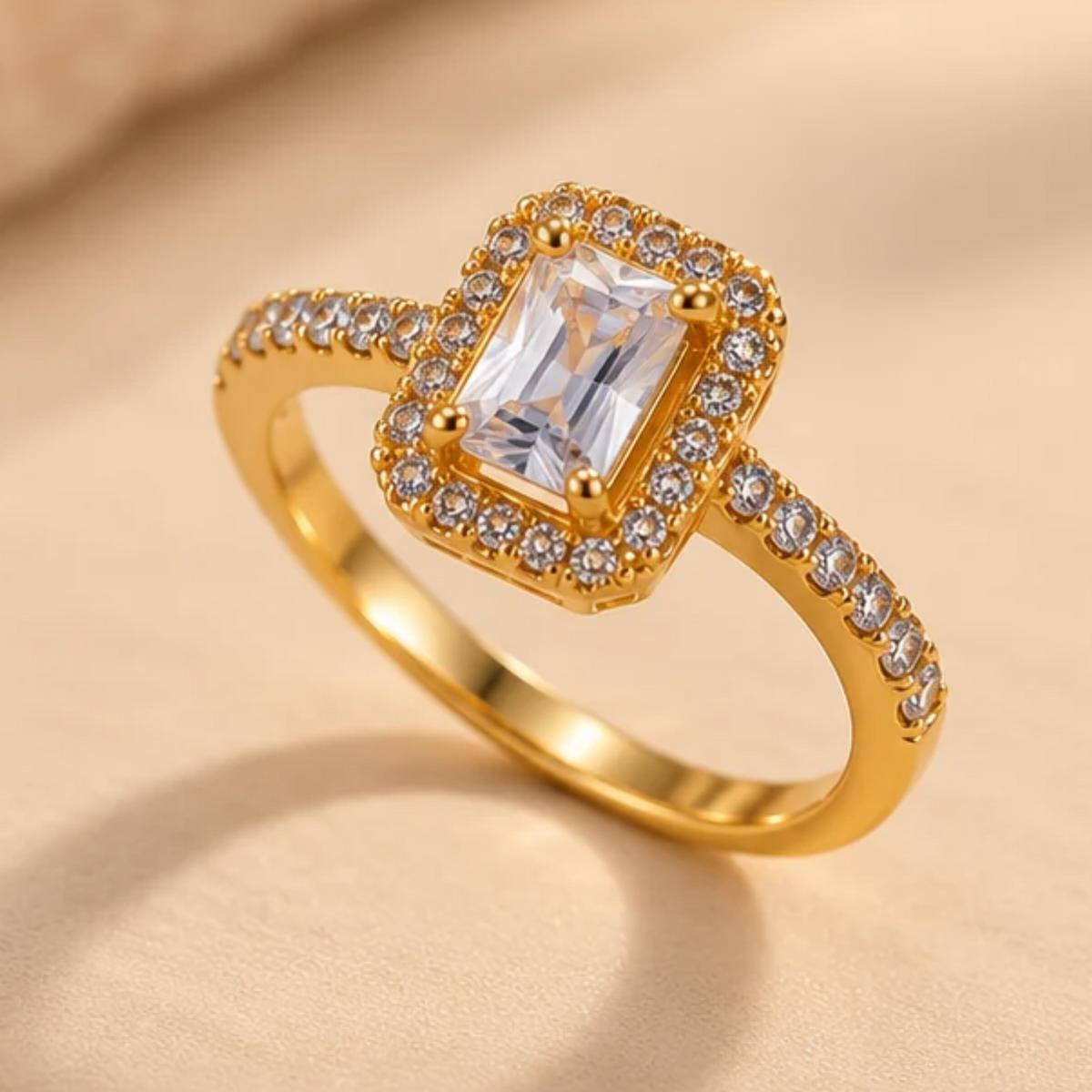 18K Gold Plated Emerald Cut Halo Sparkle Ring