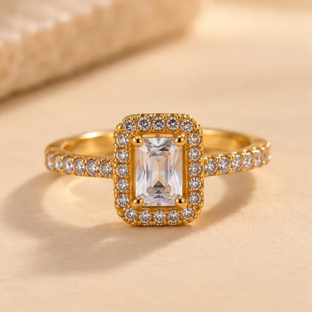 18K Gold Plated Emerald Cut Halo Sparkle Ring