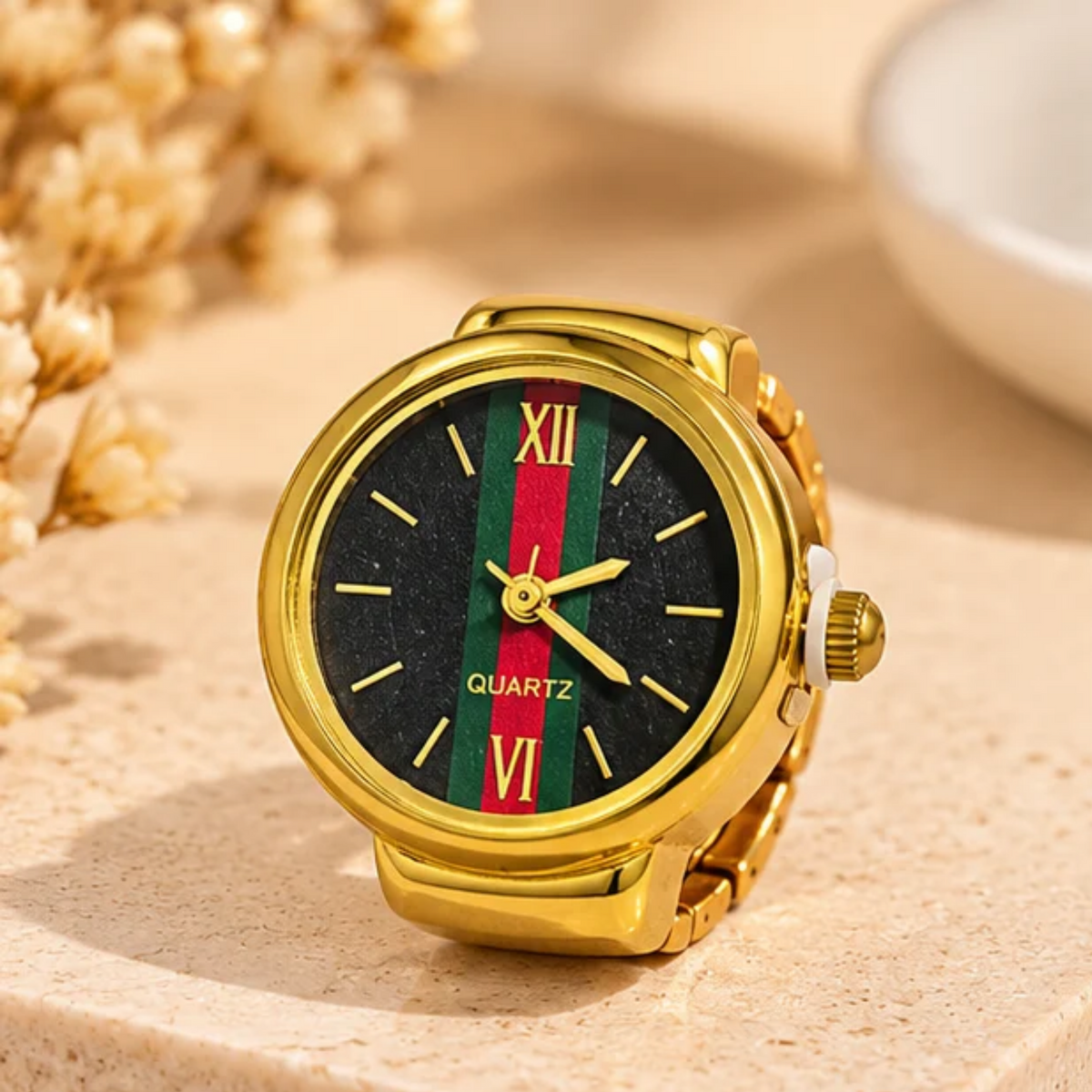 18K Gold-Plated Black Dial Quartz Watch Ring