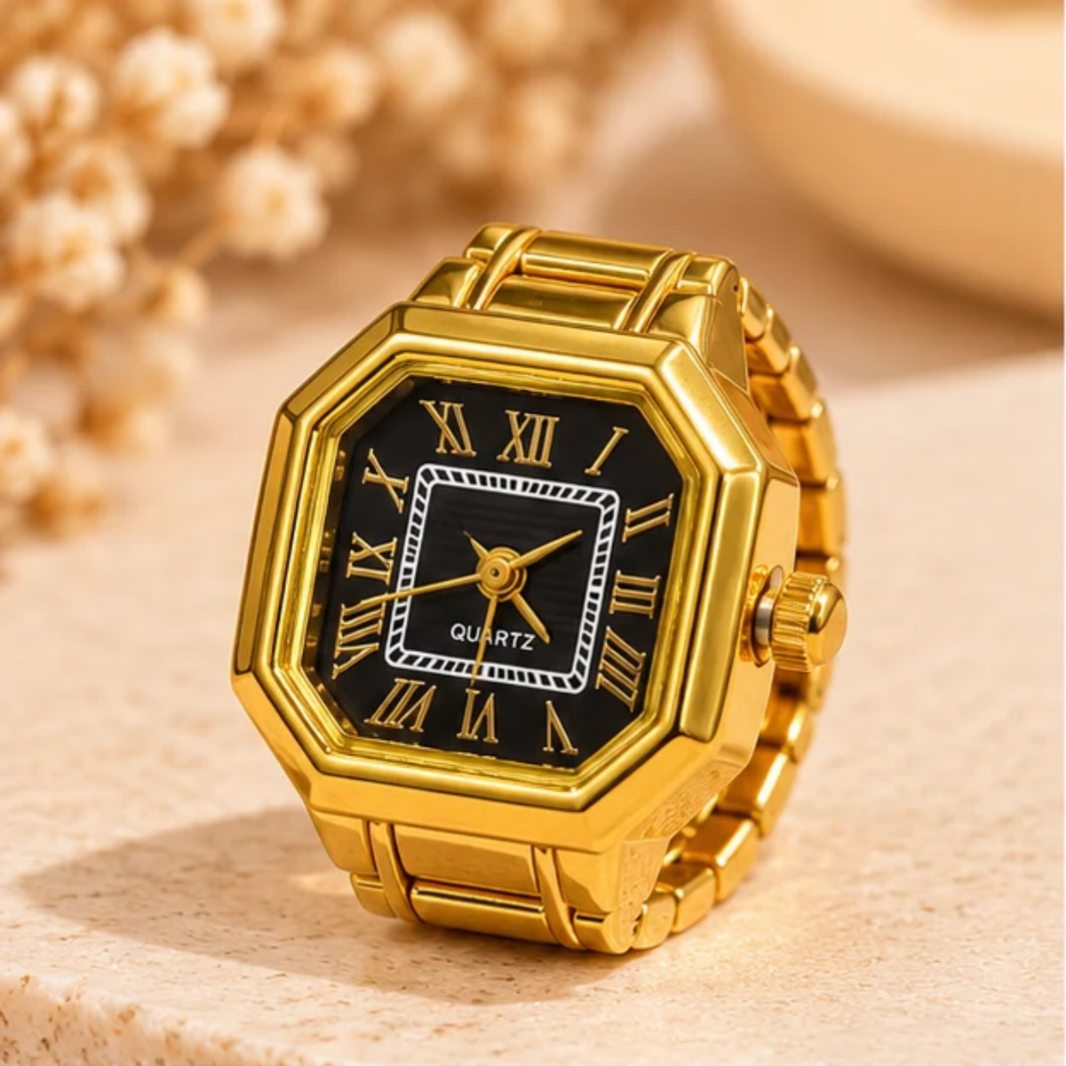18K Gold-Plated Octagonal Black Dial Quartz Watch Ring