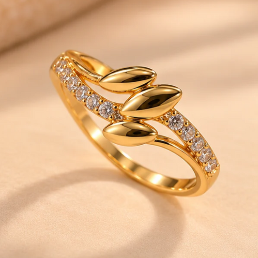 18K Gold Plated Triple Leaf Sparkle Ring for Women