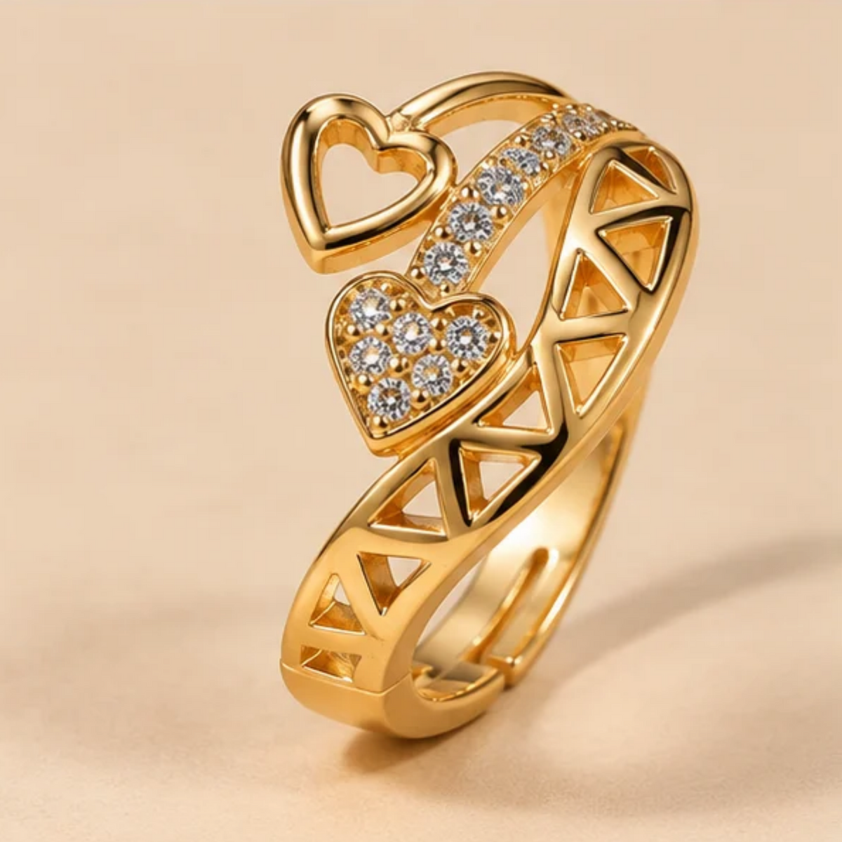 Double Heart Sparkle Adjustable Gold Ring