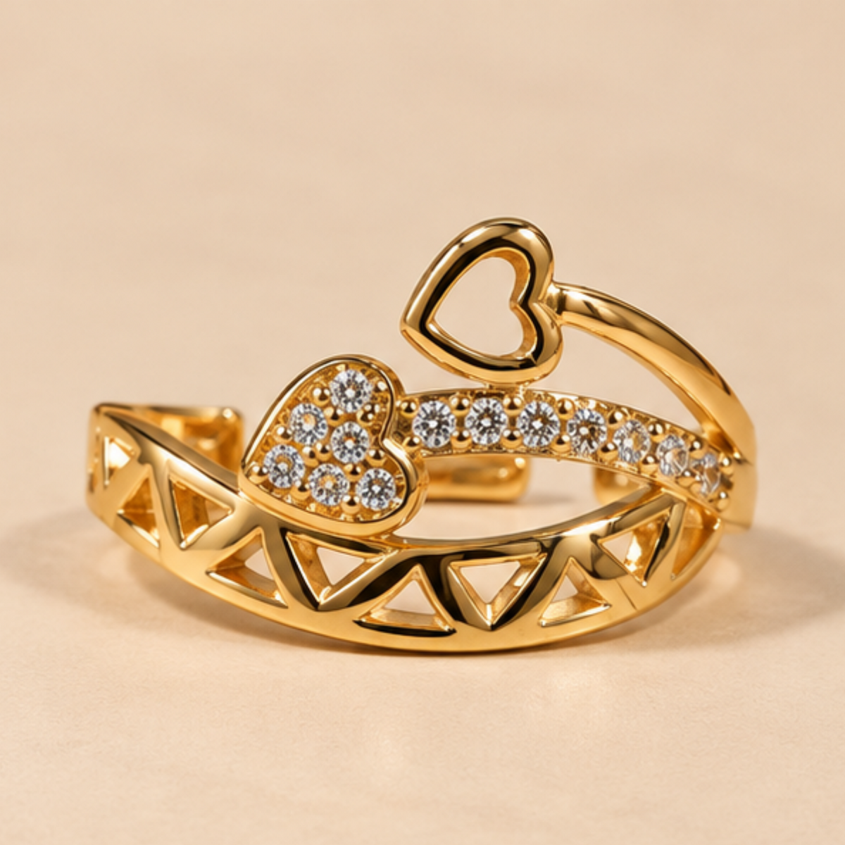 Double Heart Sparkle Adjustable Gold Ring