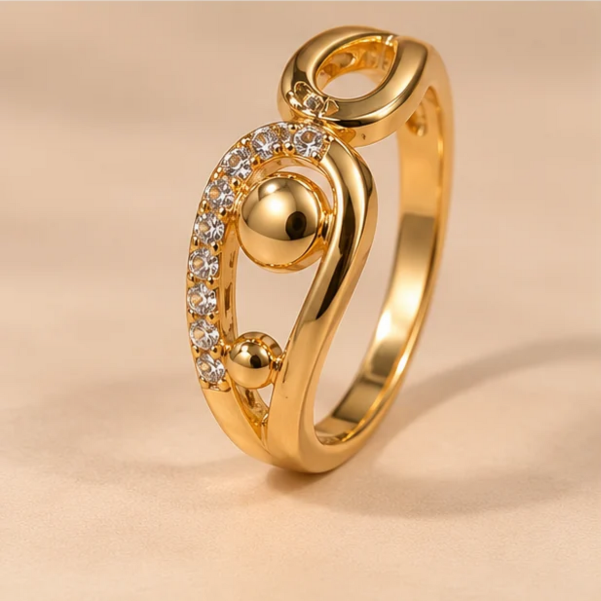 Elegant Swirl Bead Sparkle Gold Ring