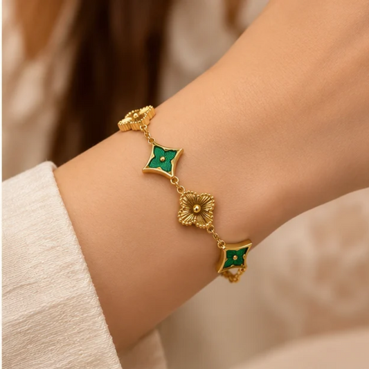 Emerald Green Clover Charm Gold Plated Bracelet for Women