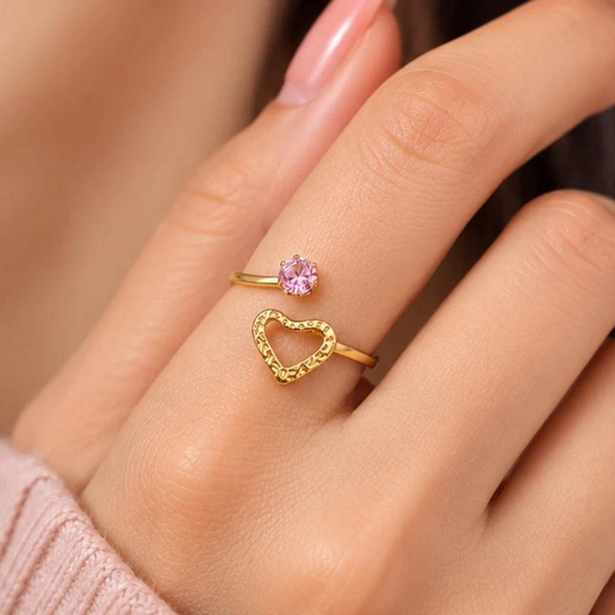 18K Gold Plated Solitaire Stone & Textured Heart Gold Adjustable Ring