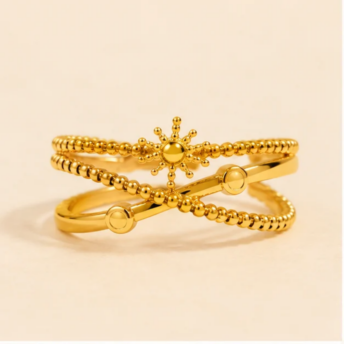 18K Gold Plated Sunburst Criss-Cross Statement Ring
