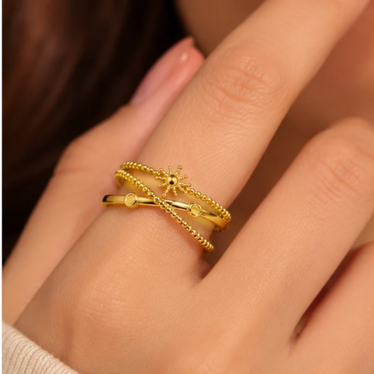 18K Gold Plated Sunburst Criss-Cross Statement Ring