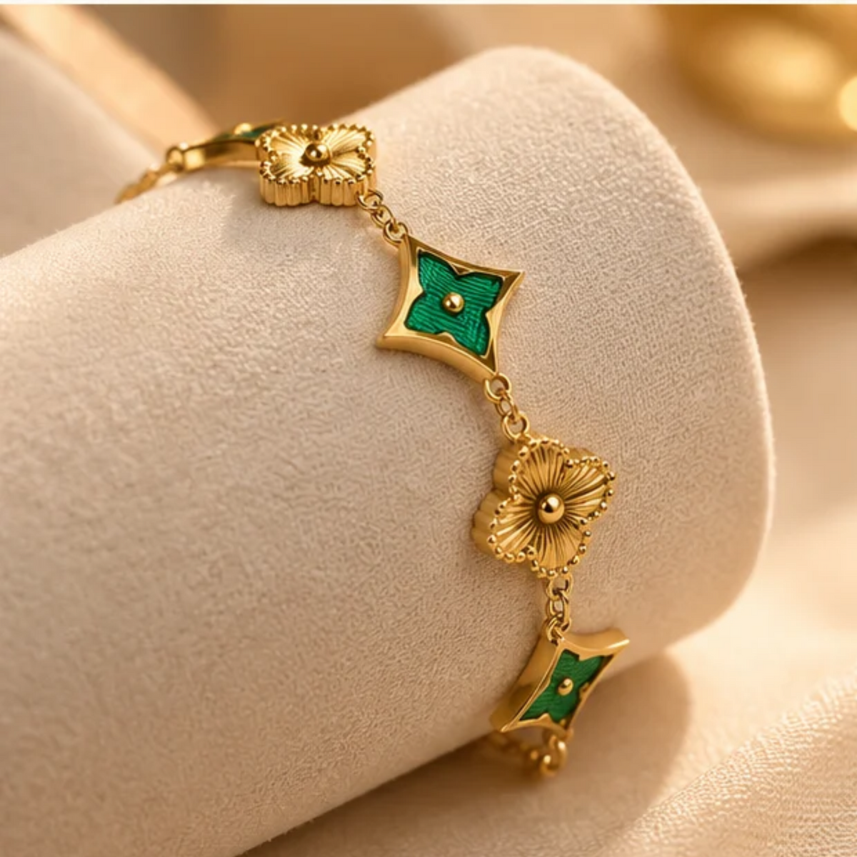 Emerald Green Clover Charm Gold Plated Bracelet for Women