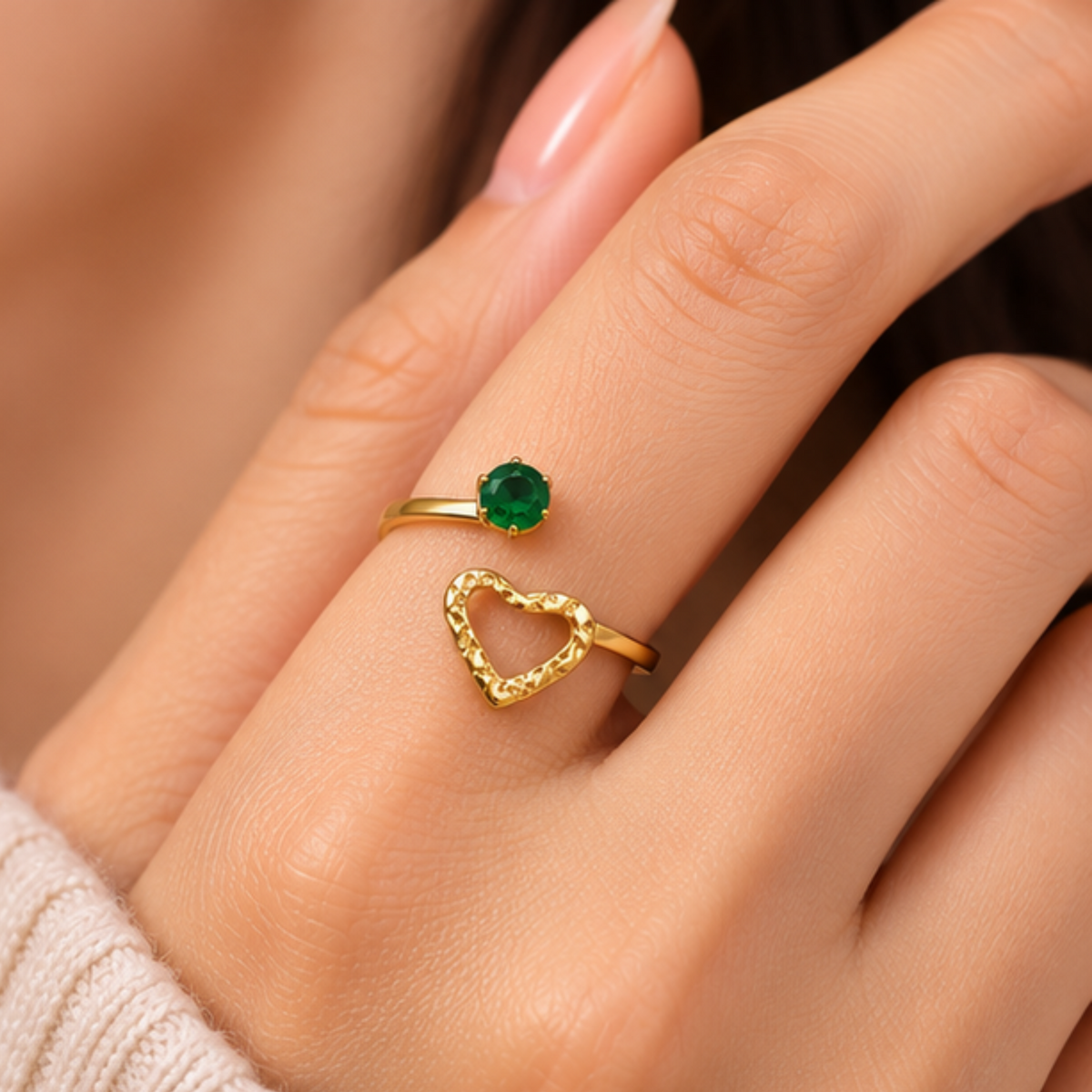 18K Gold Plated Solitaire Stone & Textured Heart Gold Adjustable Ring