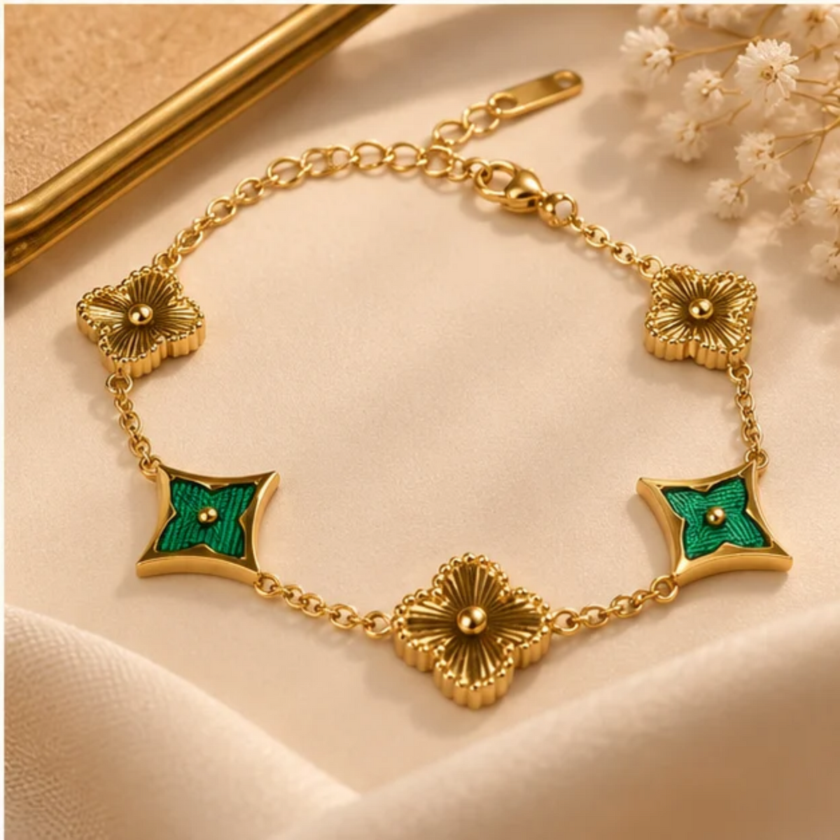 Emerald Green Clover Charm Gold Plated Bracelet for Women
