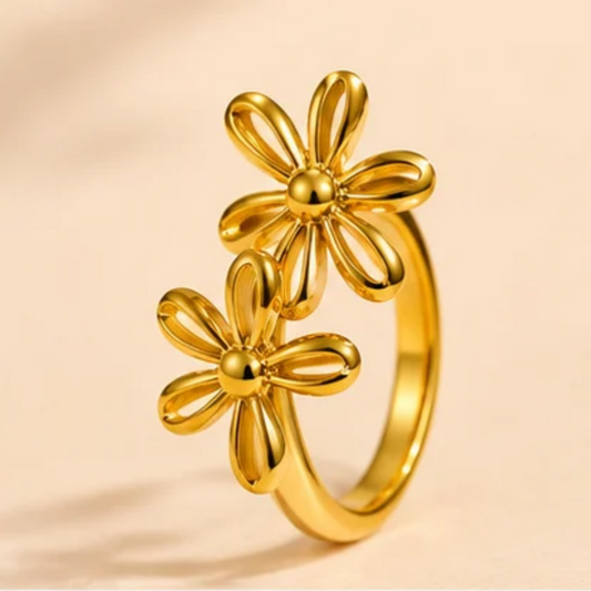 18K Gold Plated Double Daisy Floral Statement Ring