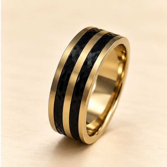 Men - Black Dual Stripe Gold Band Ring