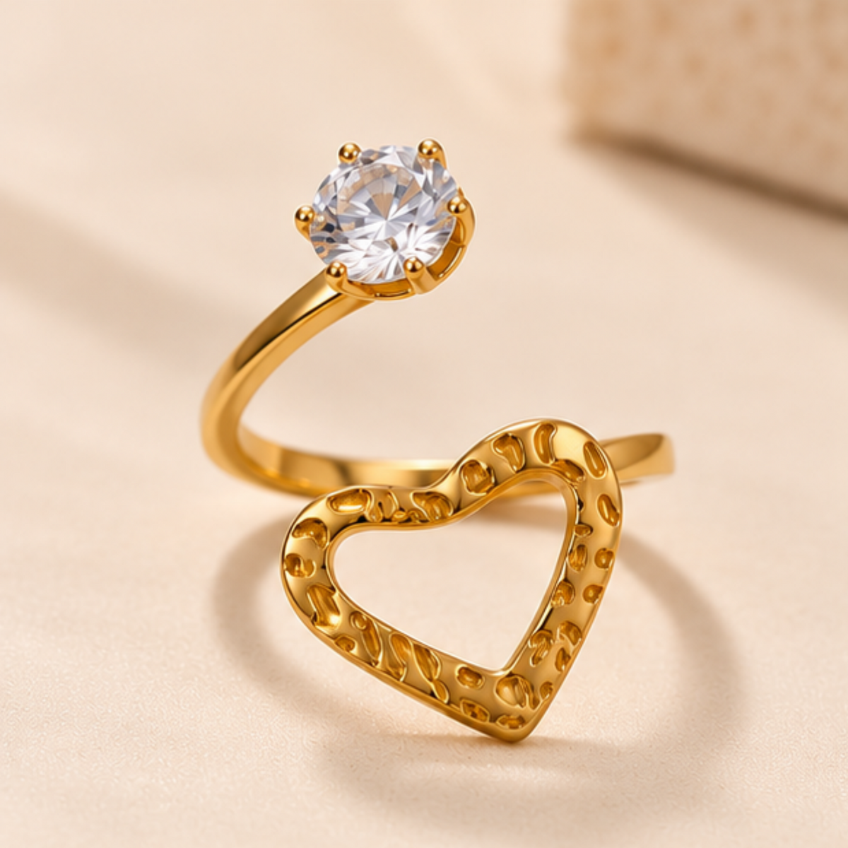 18K Gold Plated Solitaire Stone & Textured Heart Gold Adjustable Ring