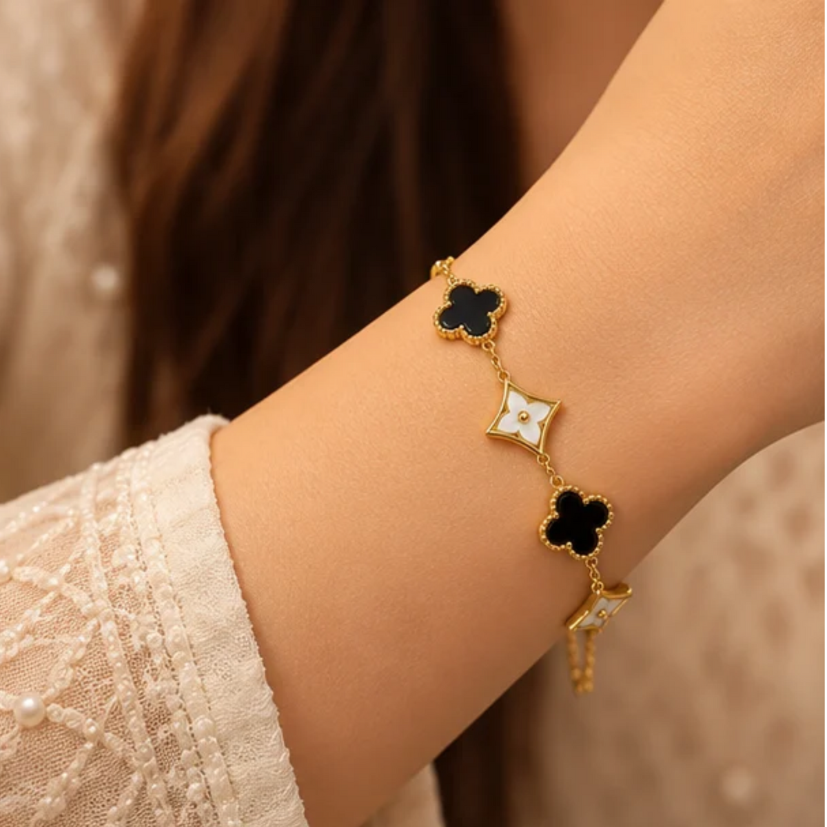 Black & White Clover Charm Gold Plated Bracelet for Women