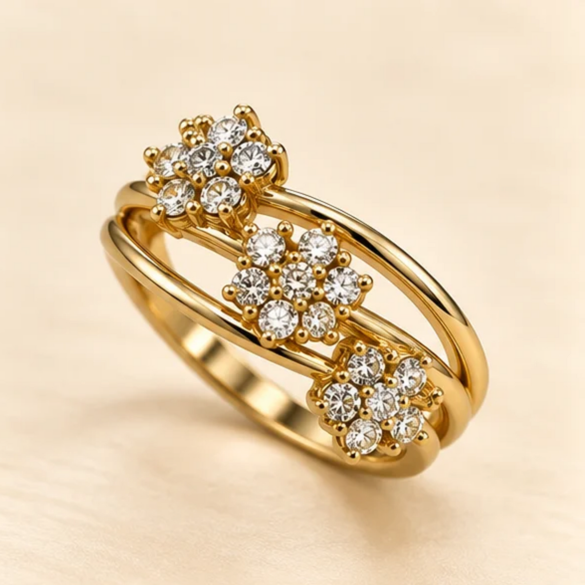 18k Gold Plated Floral Sparkle Trio Ring