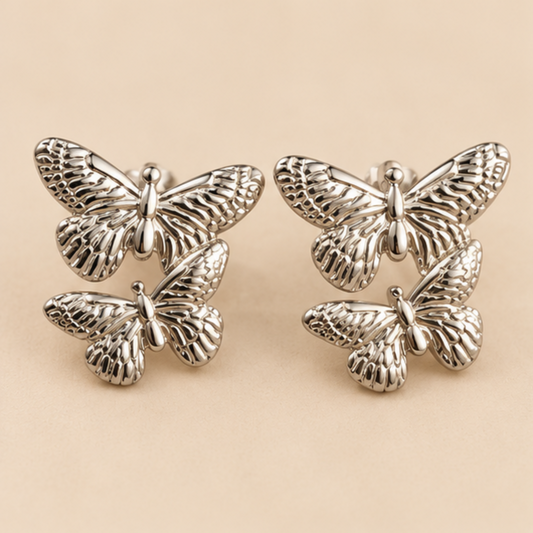 Double Butterfly Silver-Tone Stud Earrings