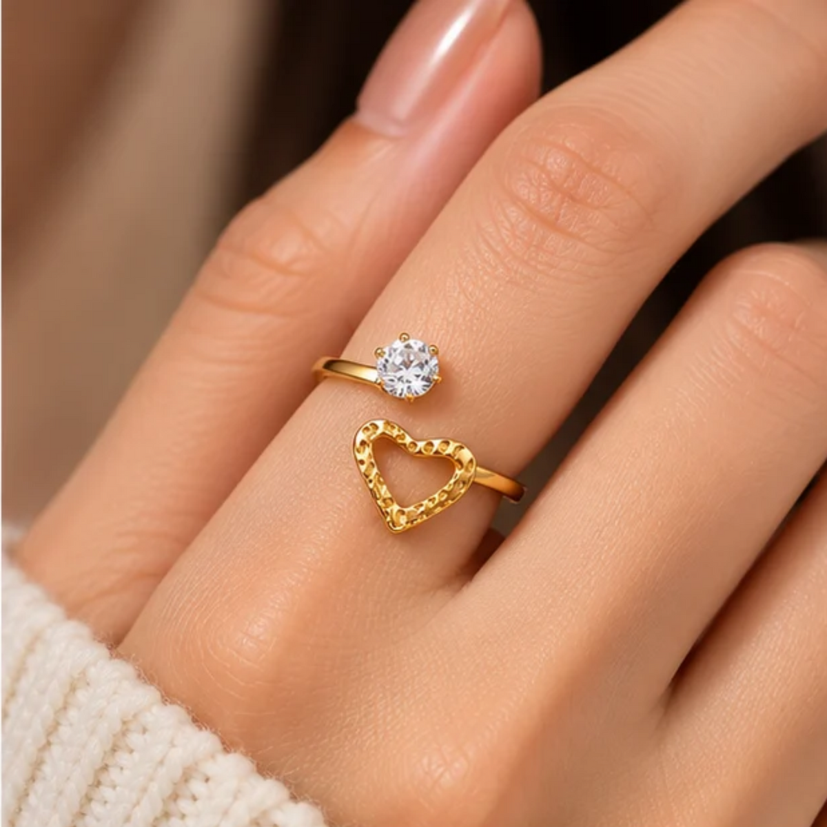 18K Gold Plated Solitaire Stone & Textured Heart Gold Adjustable Ring