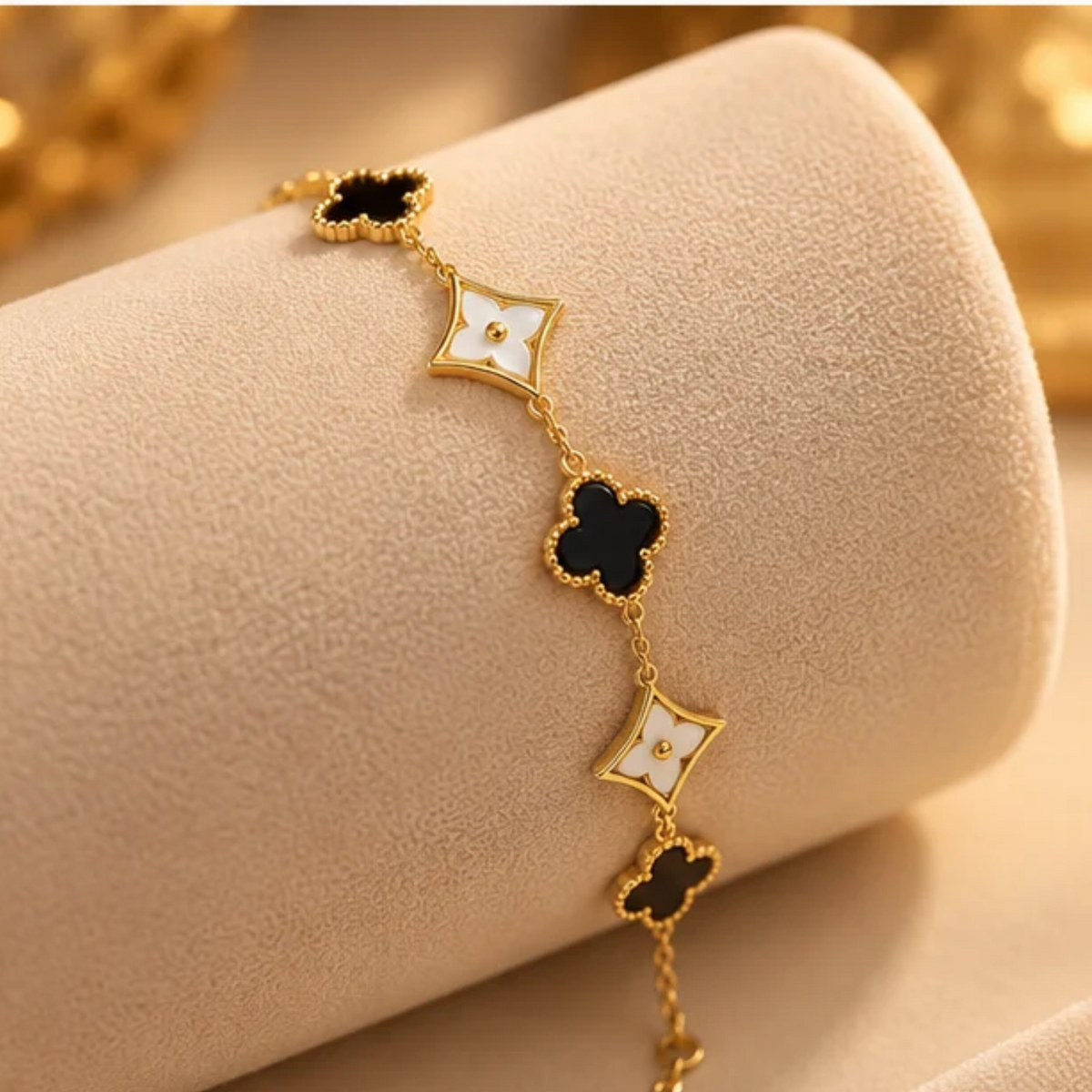 Black & White Clover Charm Gold Plated Bracelet for Women