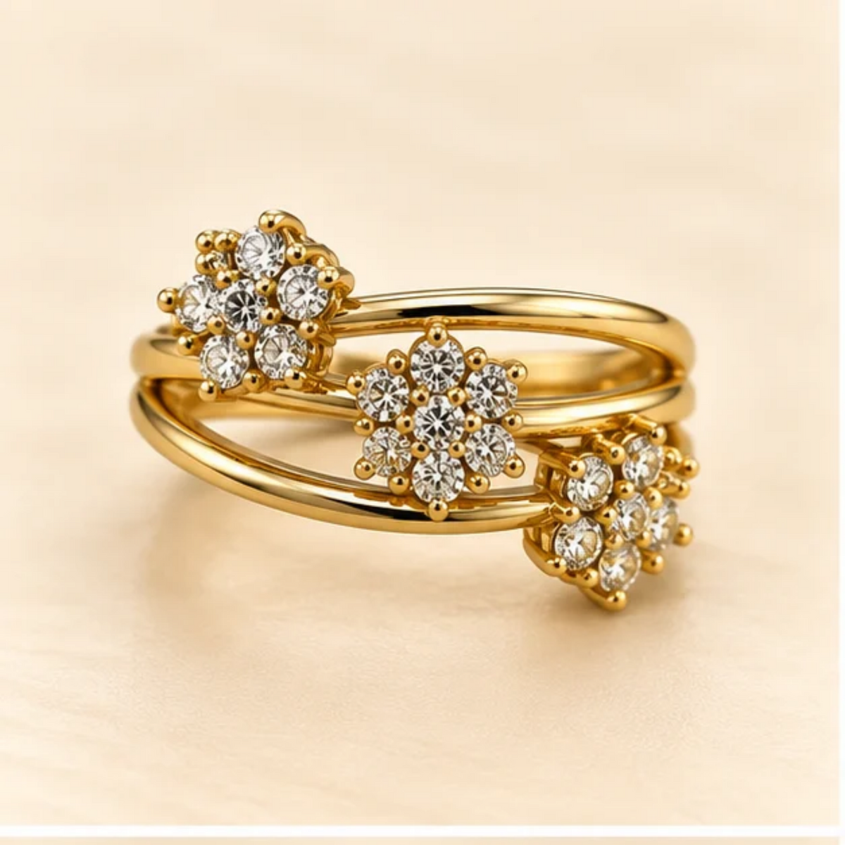18k Gold Plated Floral Sparkle Trio Ring
