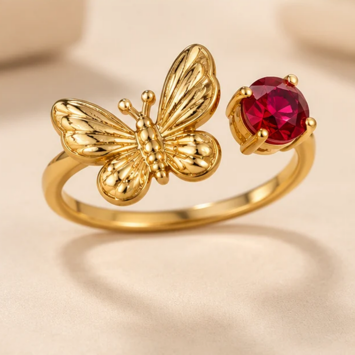 18K Gold Plated Butterfly & Solitaire Stone Adjustable Ring