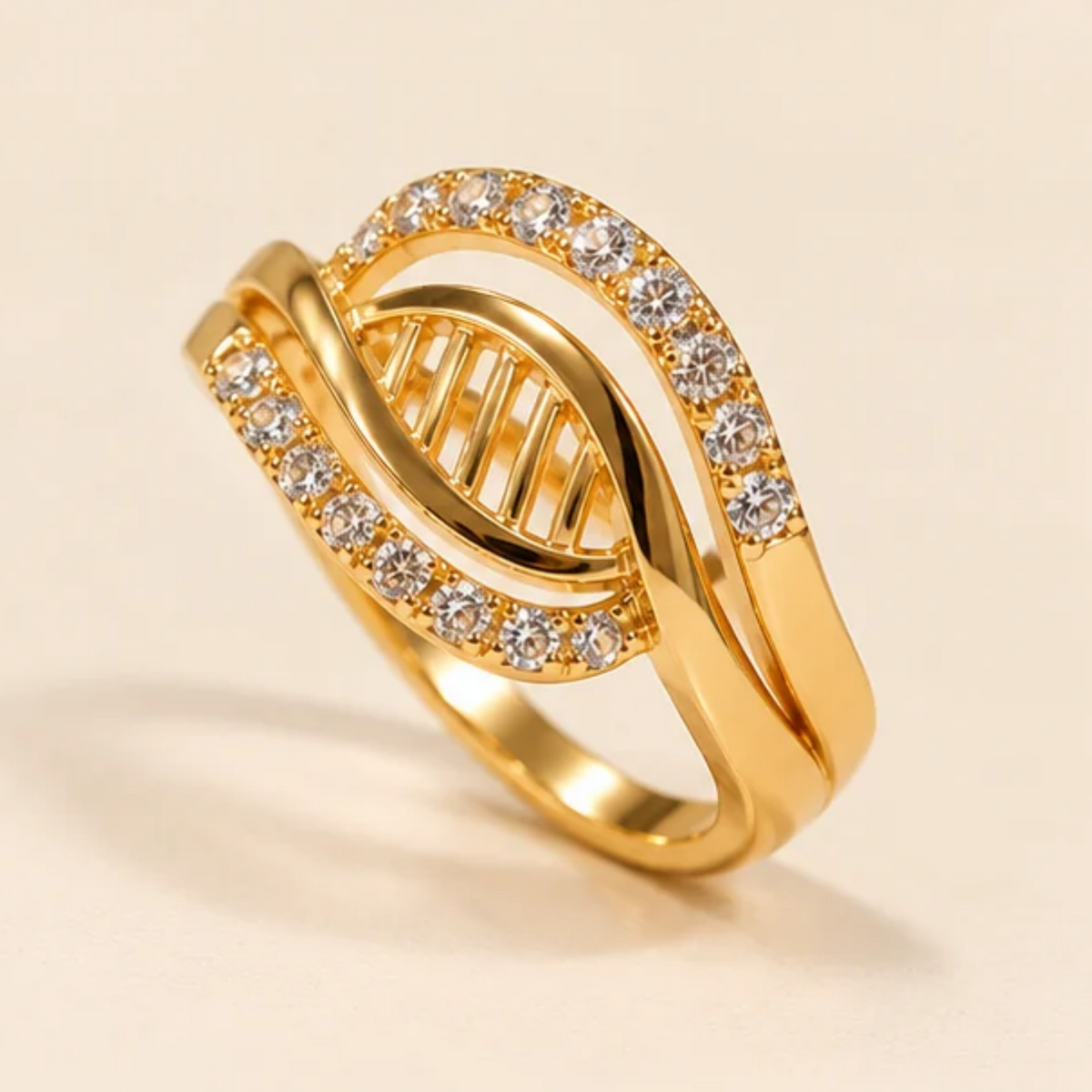18K Gold Plated Twisted Leaf Sparkle Ring