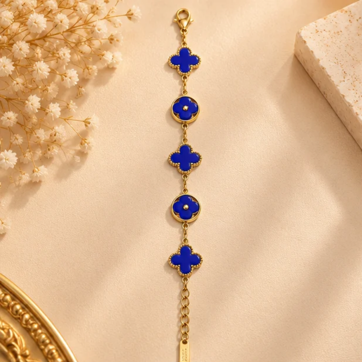 Royal Blue Clover Charm Gold Plated Bracelet for Women