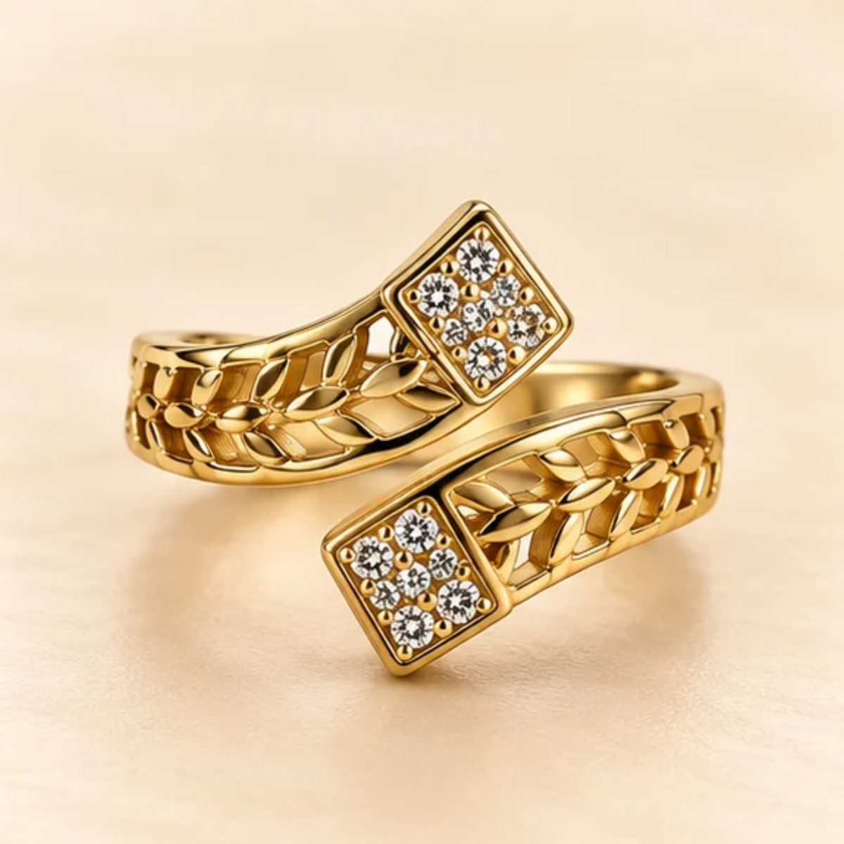 18k Gold Plated Golden Leaf Sparkle Adjustable Ring