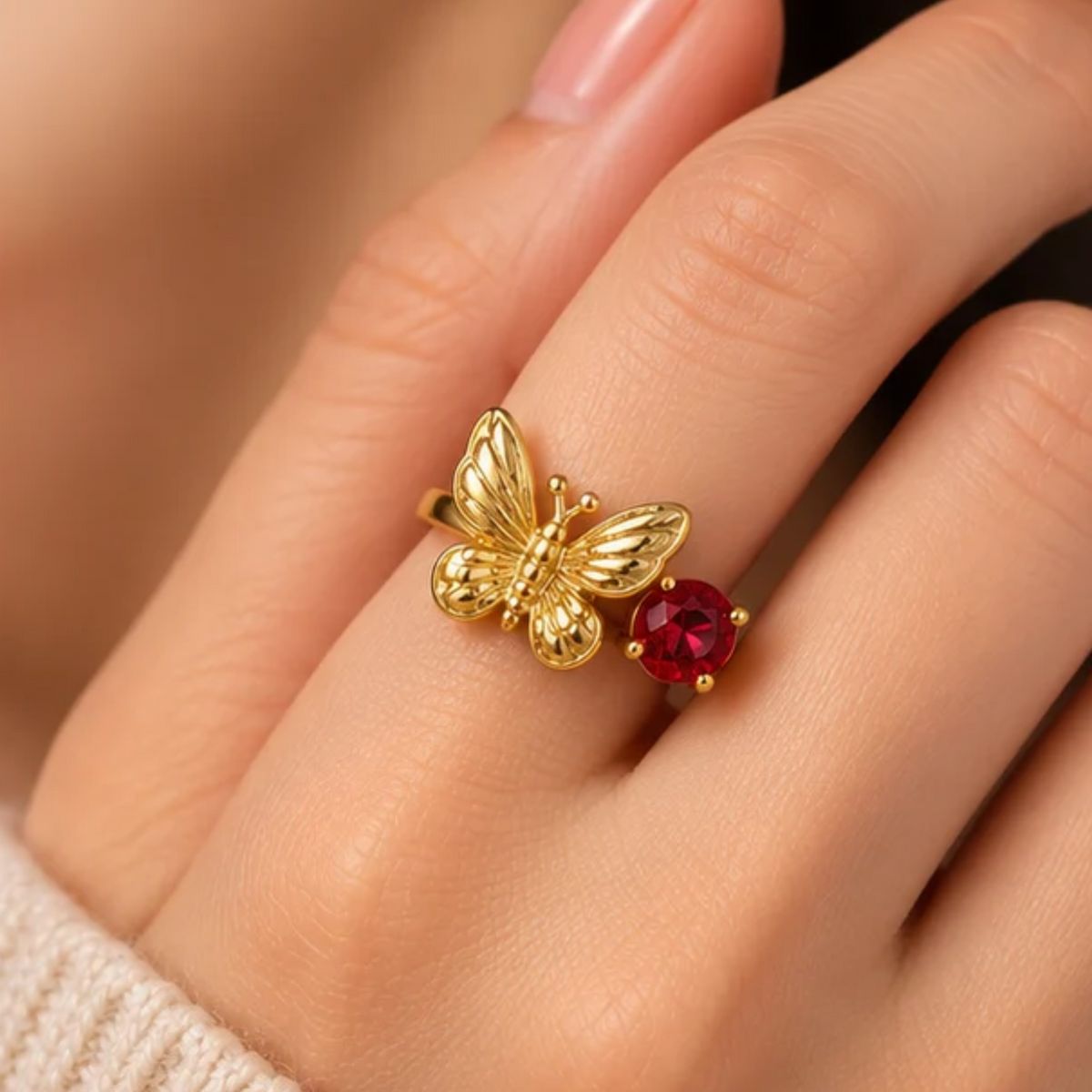18K Gold Plated Butterfly & Solitaire Stone Adjustable Ring