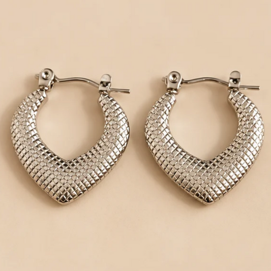 Elegant Textured V-Shaped Silver-Tone Hoop Earrings