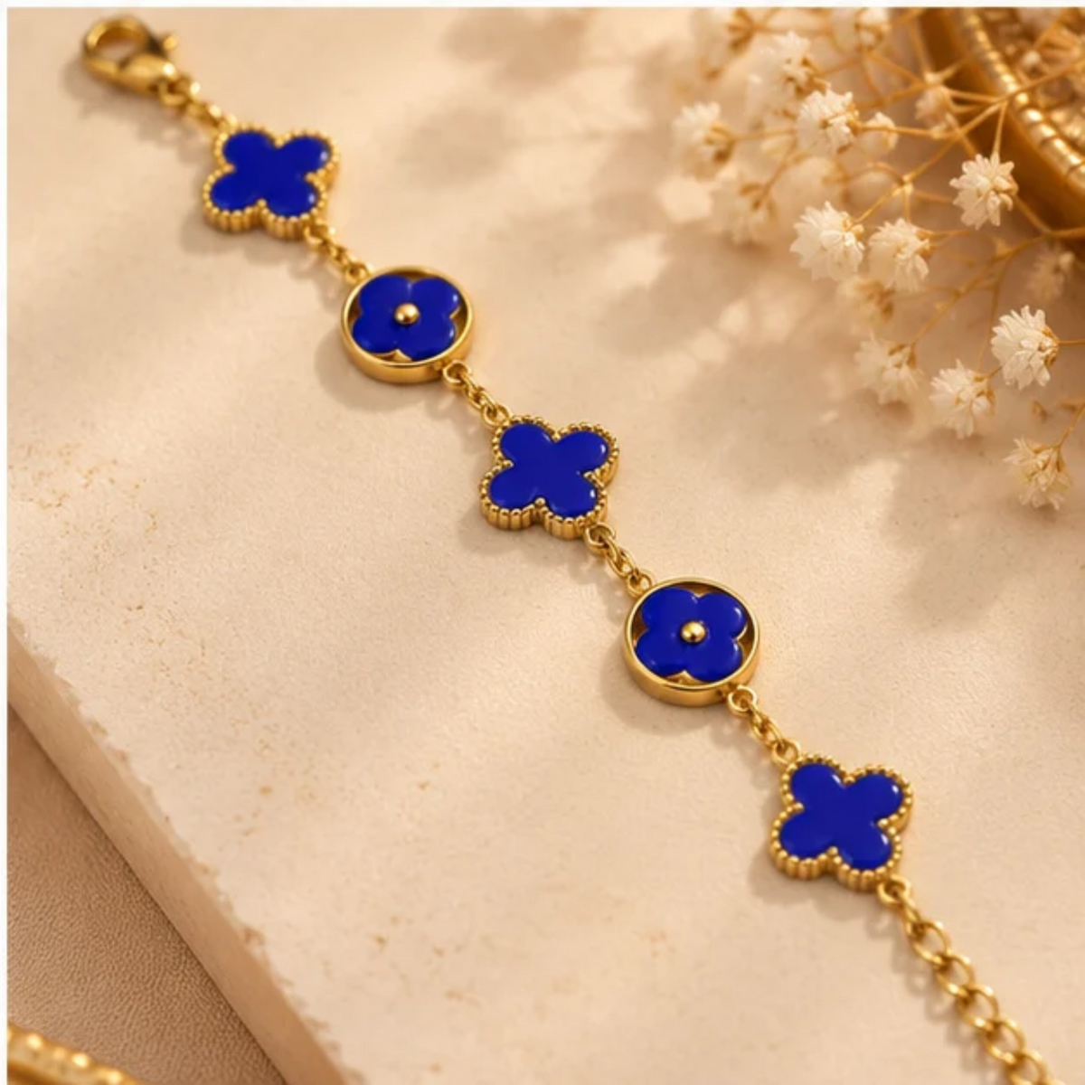 Royal Blue Clover Charm Gold Plated Bracelet for Women