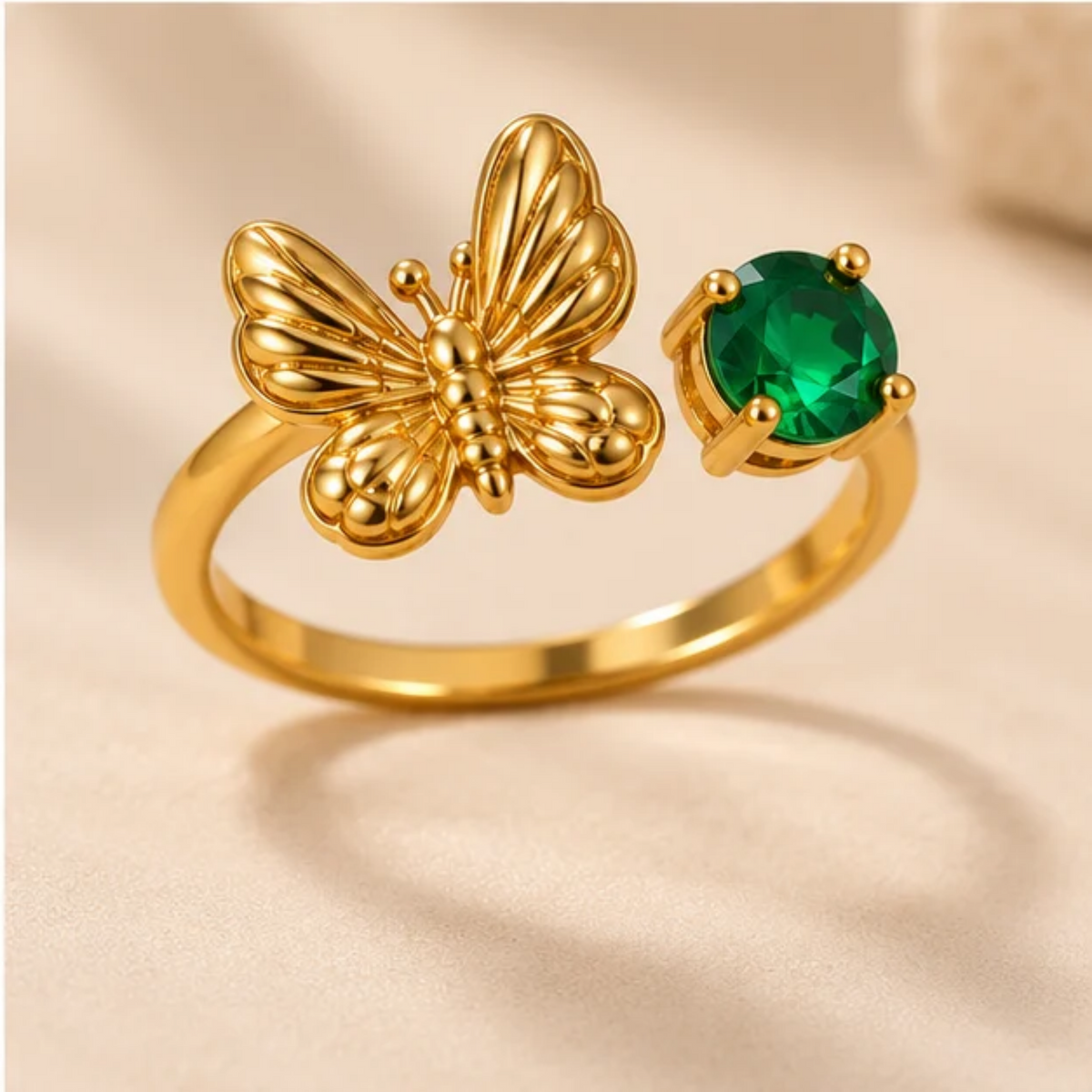 18K Gold Plated Butterfly & Solitaire Stone Adjustable Ring
