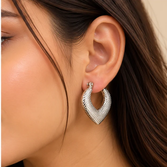 Elegant Textured V-Shaped Silver-Tone Hoop Earrings